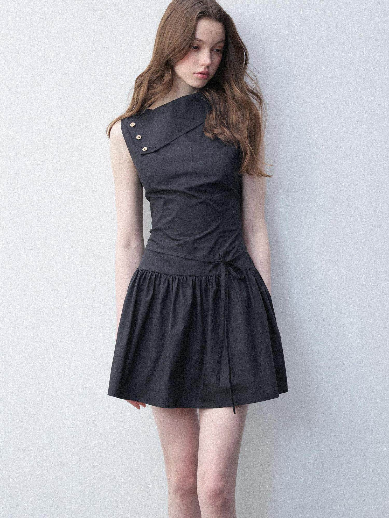 Luamoss Hepburn Slimfit A Line Tie Waist Asymmetrical Neck Cotton Women Mini Dresses