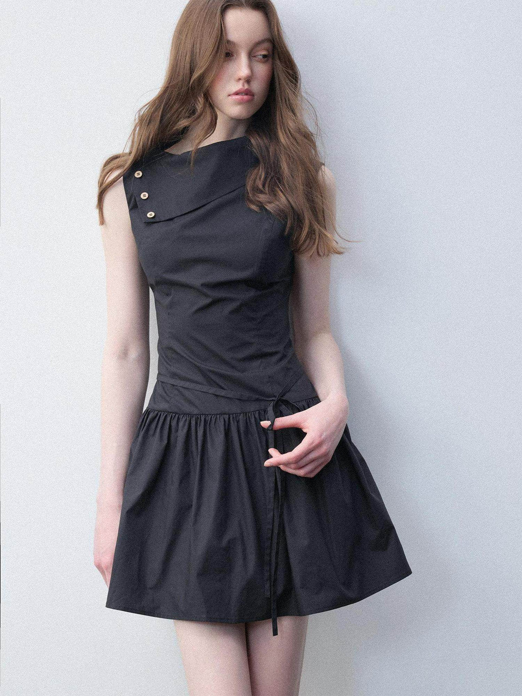 Luamoss Hepburn Slimfit A Line Tie Waist Asymmetrical Neck Cotton Women Mini Dresses