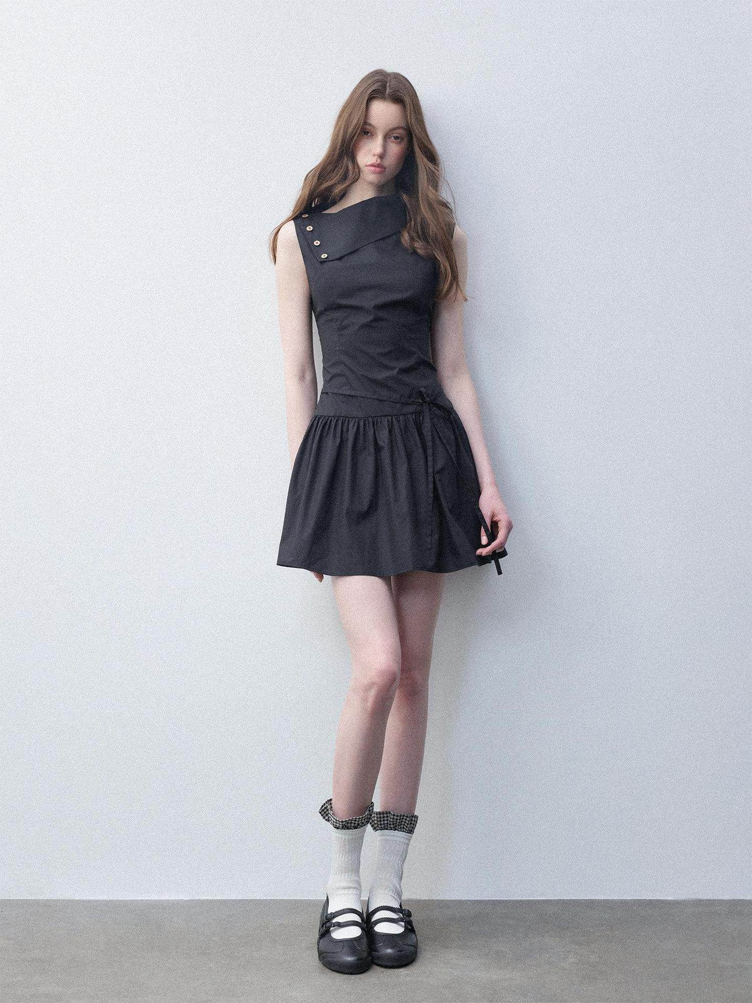Luamoss Hepburn Slimfit A Line Tie Waist Asymmetrical Neck Cotton Women Mini Dresses