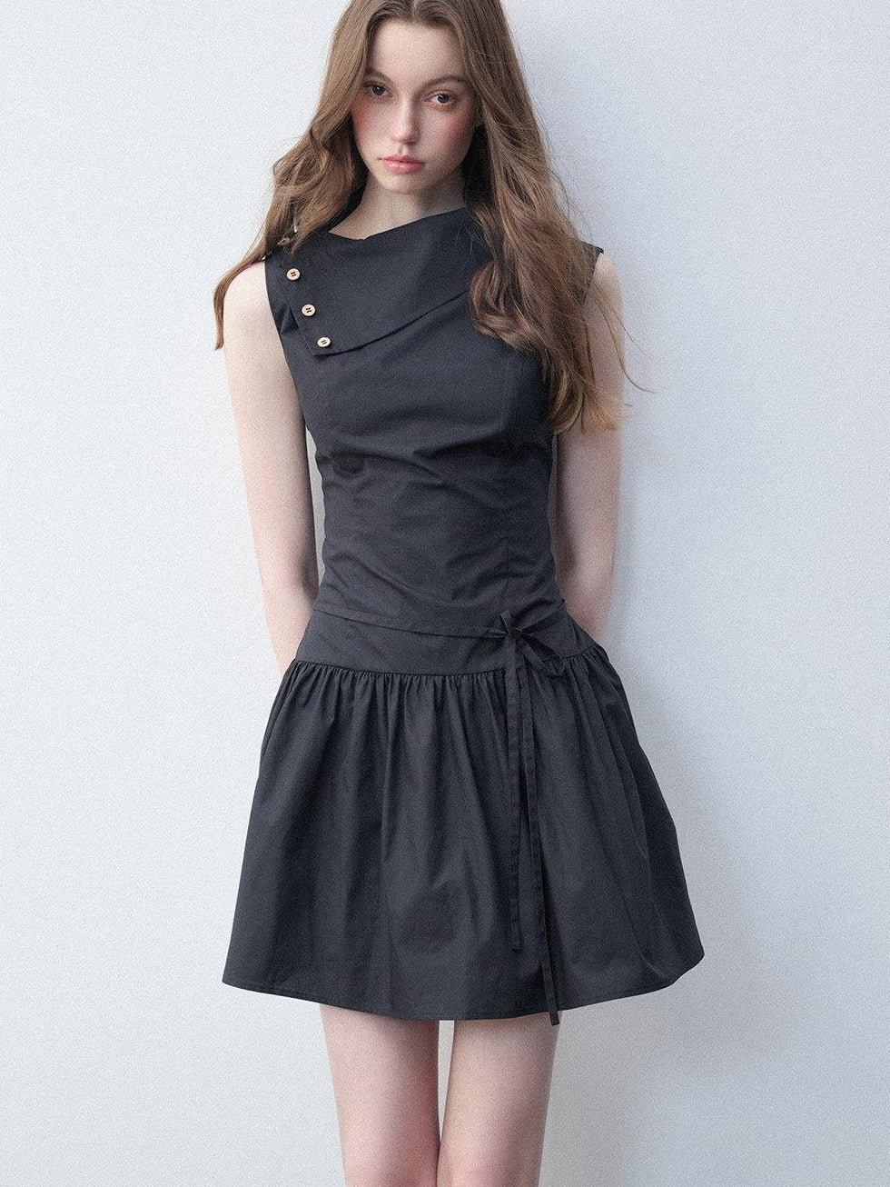 Luamoss Hepburn Slimfit A Line Tie Waist Asymmetrical Neck Cotton Women Mini Dresses