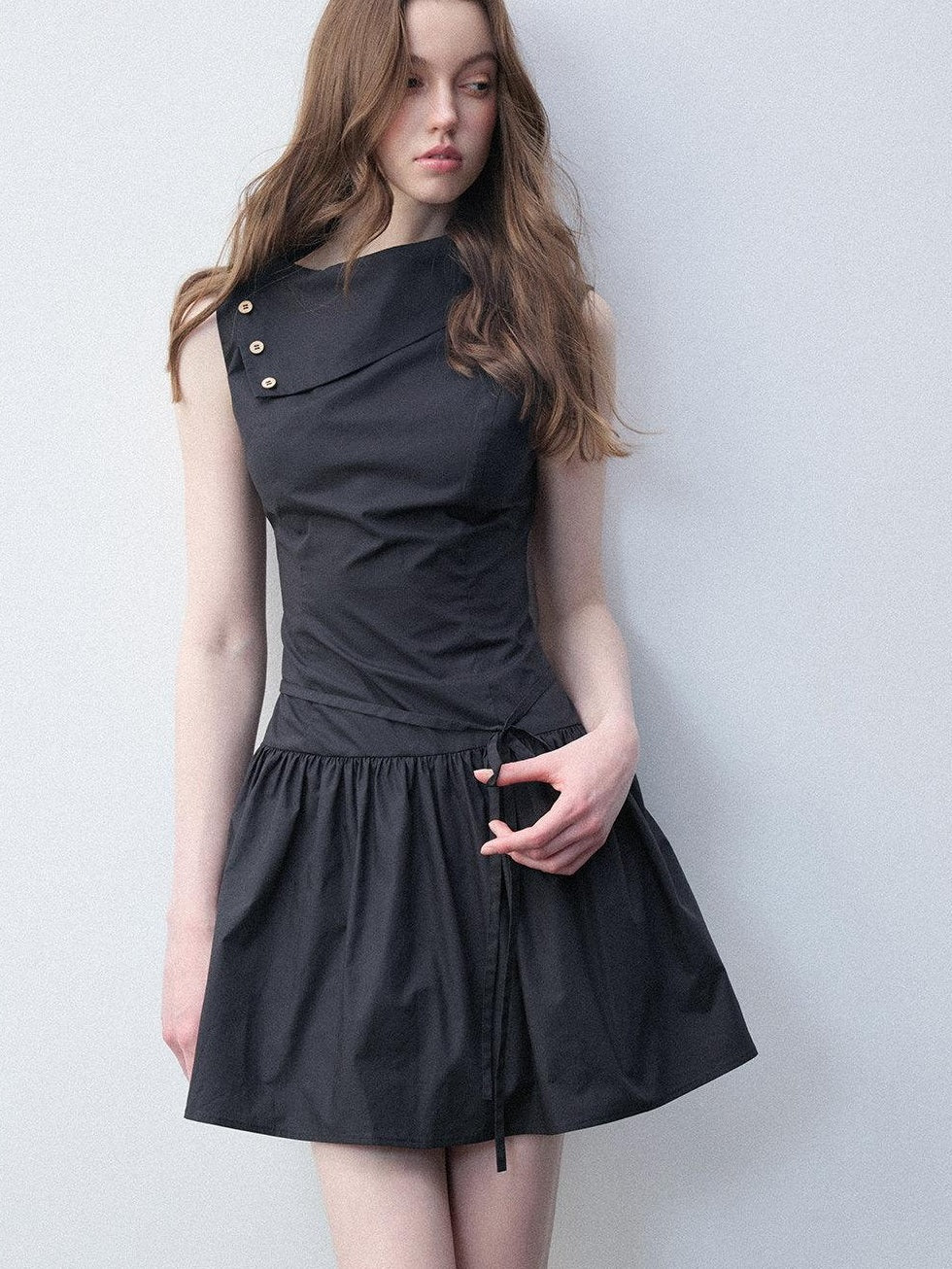 Luamoss Hepburn Slimfit A Line Tie Waist Asymmetrical Neck Cotton Women Mini Dresses