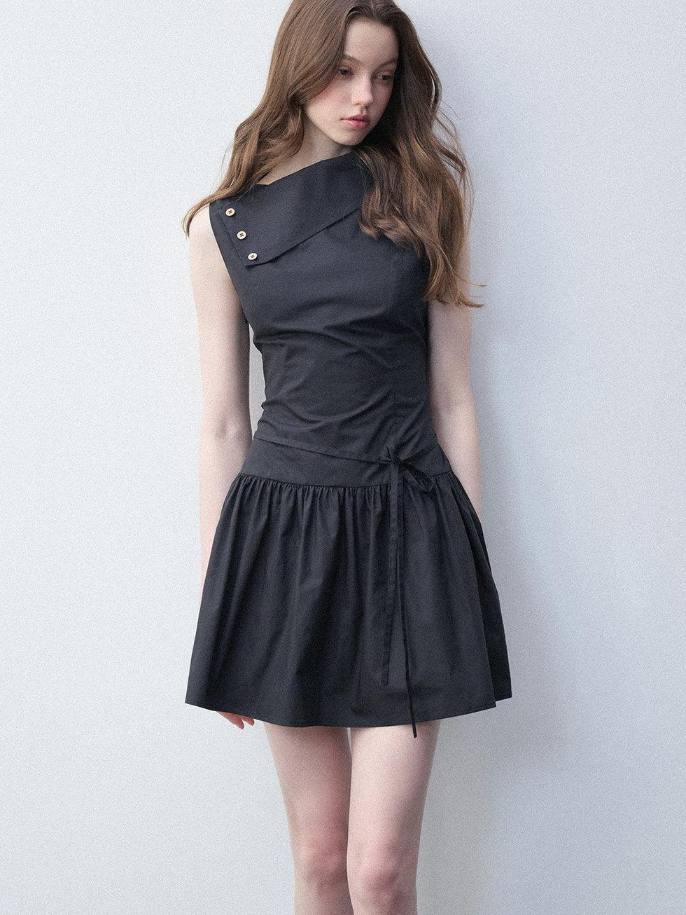 Luamoss Hepburn Slimfit A Line Tie Waist Asymmetrical Neck Cotton Women Mini Dresses