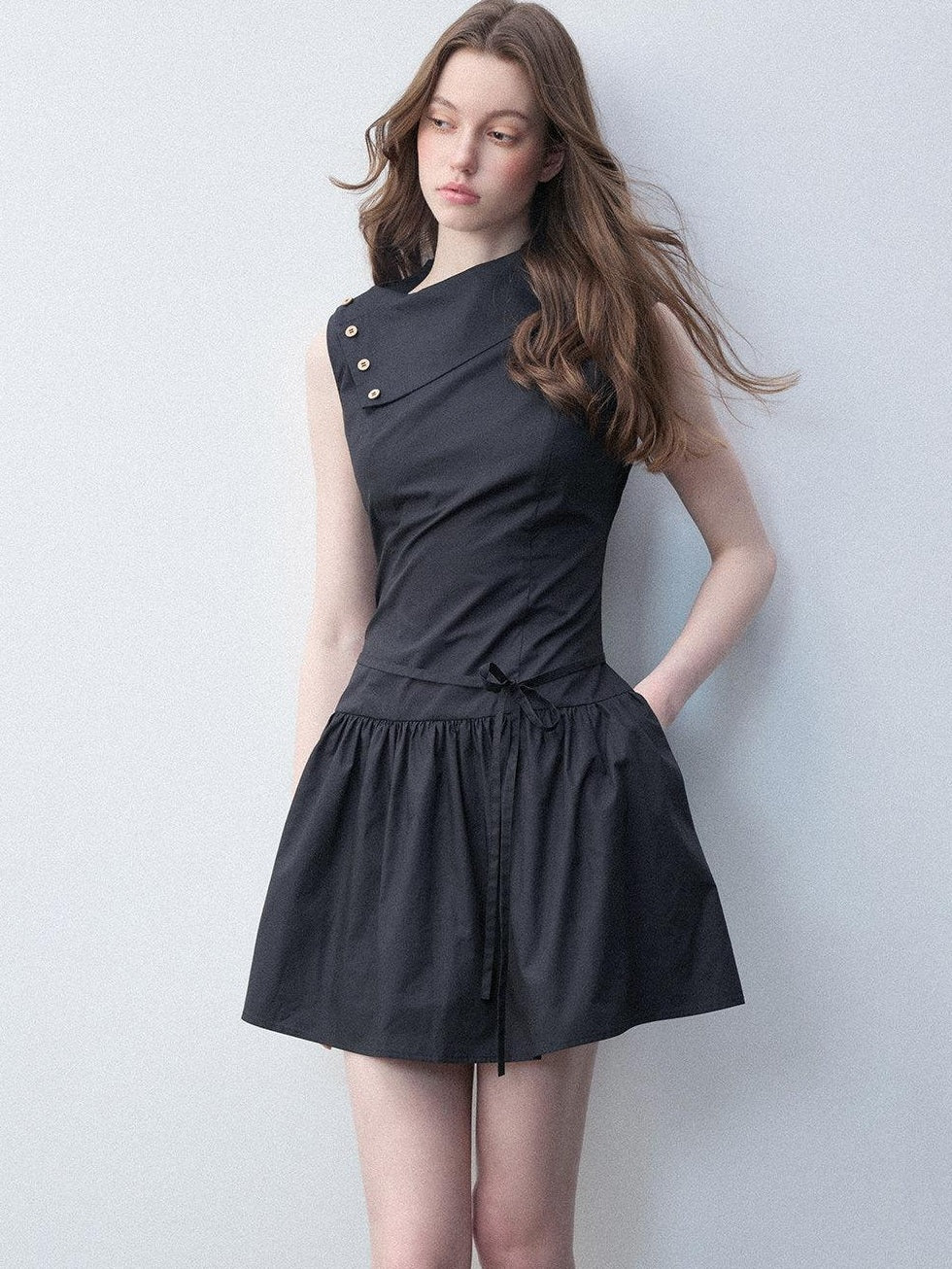 Luamoss Hepburn Slimfit A Line Tie Waist Asymmetrical Neck Cotton Women Mini Dresses