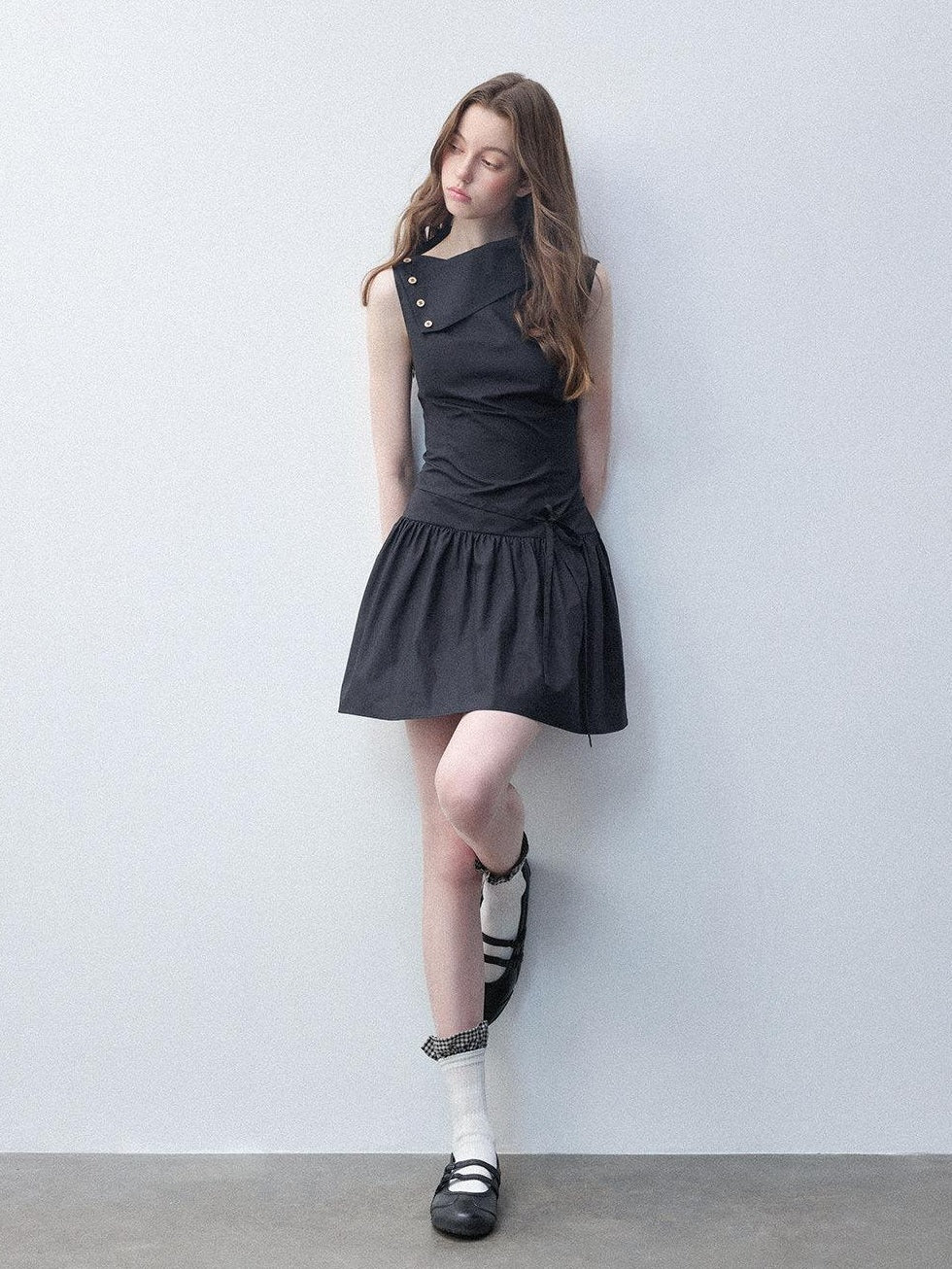 Luamoss Hepburn Slimfit A Line Tie Waist Asymmetrical Neck Cotton Women Mini Dresses