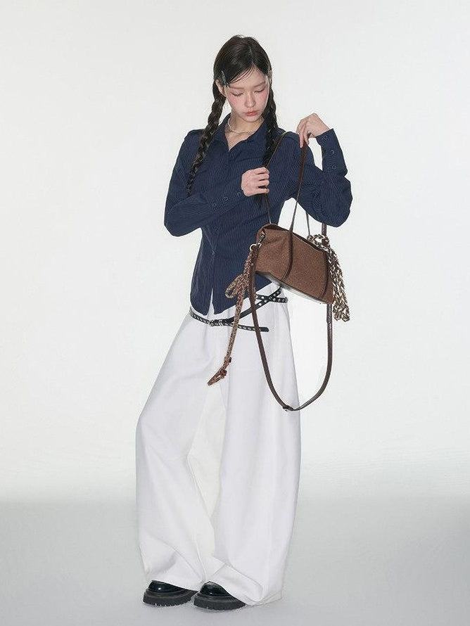 Luamoss High Waist Minimalist Pockets Loose Viscose Cloud White For Women Wide Leg Pants
