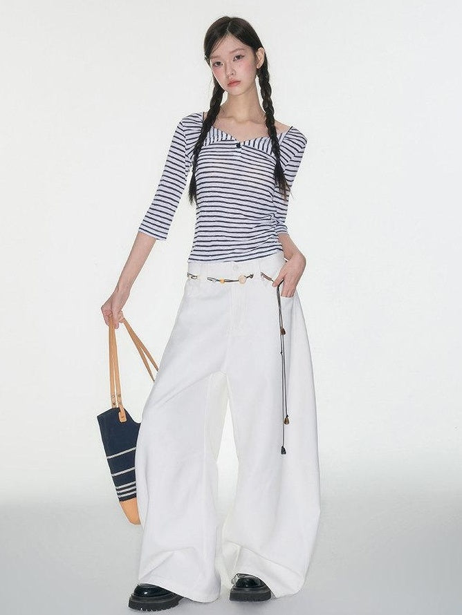 Luamoss High Waist Minimalist Pockets Loose Viscose Cloud White For Women Wide Leg Pants