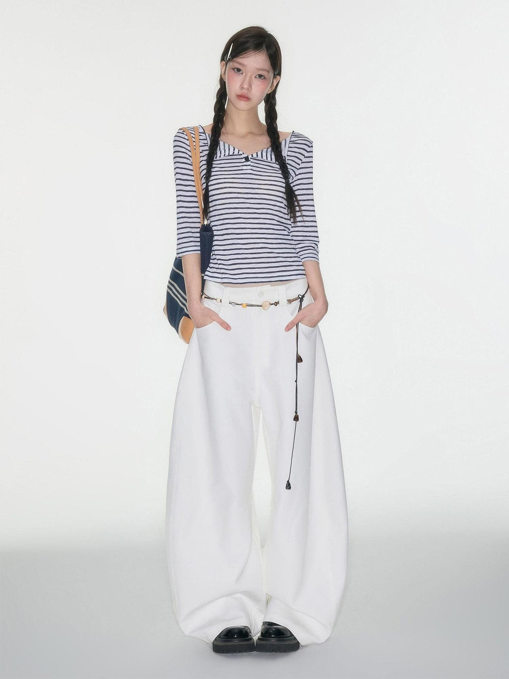 Luamoss High Waist Minimalist Pockets Loose Viscose Cloud White For Women Wide Leg Pants