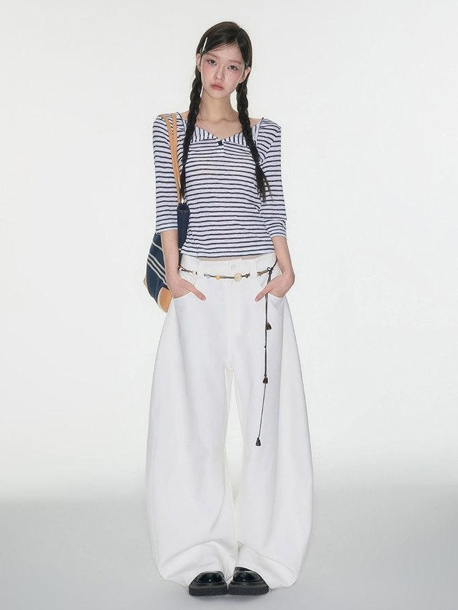 Luamoss High Waist Minimalist Pockets Loose Viscose Cloud White For Women Wide Leg Pants