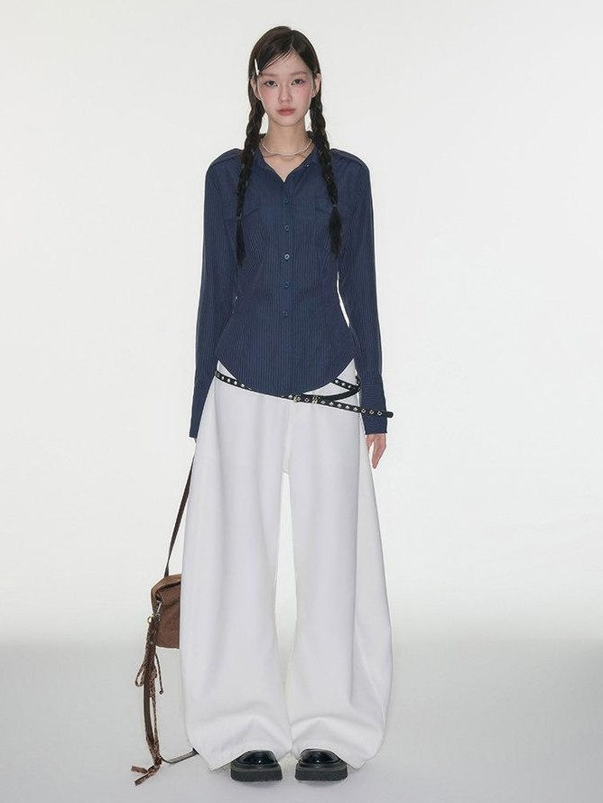 Luamoss High Waist Minimalist Pockets Loose Viscose Cloud White For Women Wide Leg Pants