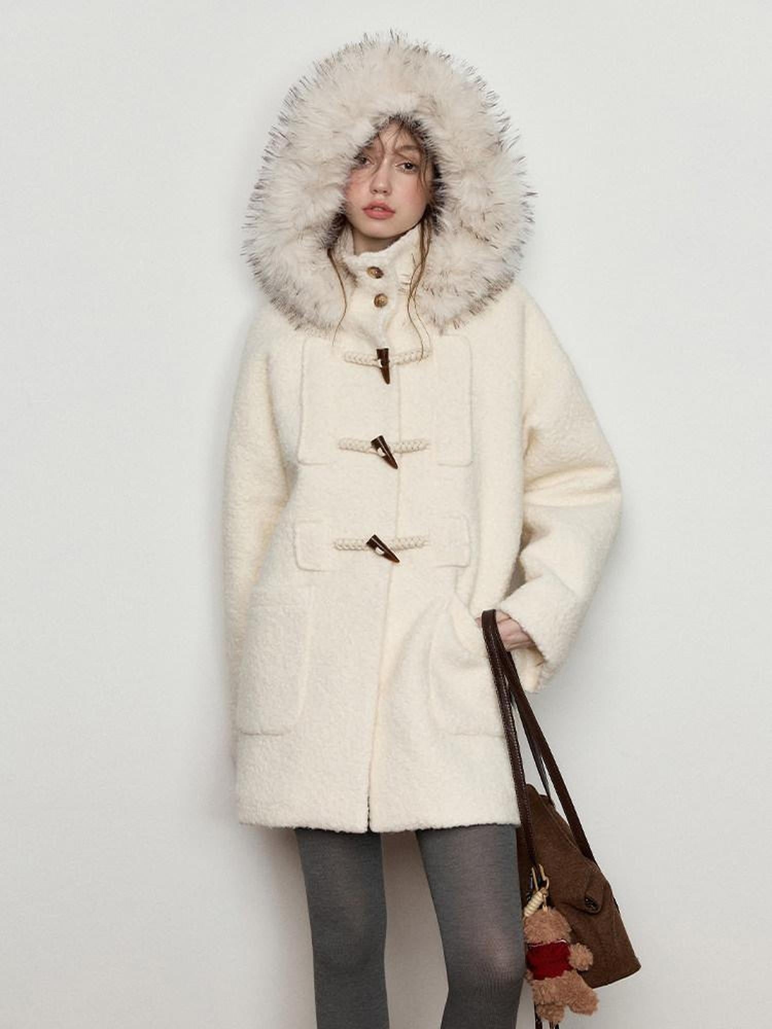 Luamoss Hooded Off White Minimal Commuter Mid Length Loose Fit Polyester Wool Coats