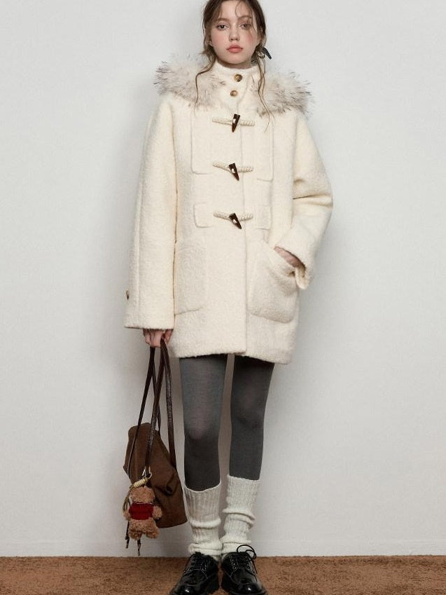 Luamoss Hooded Off White Minimal Commuter Mid Length Loose Fit Polyester Wool Coats