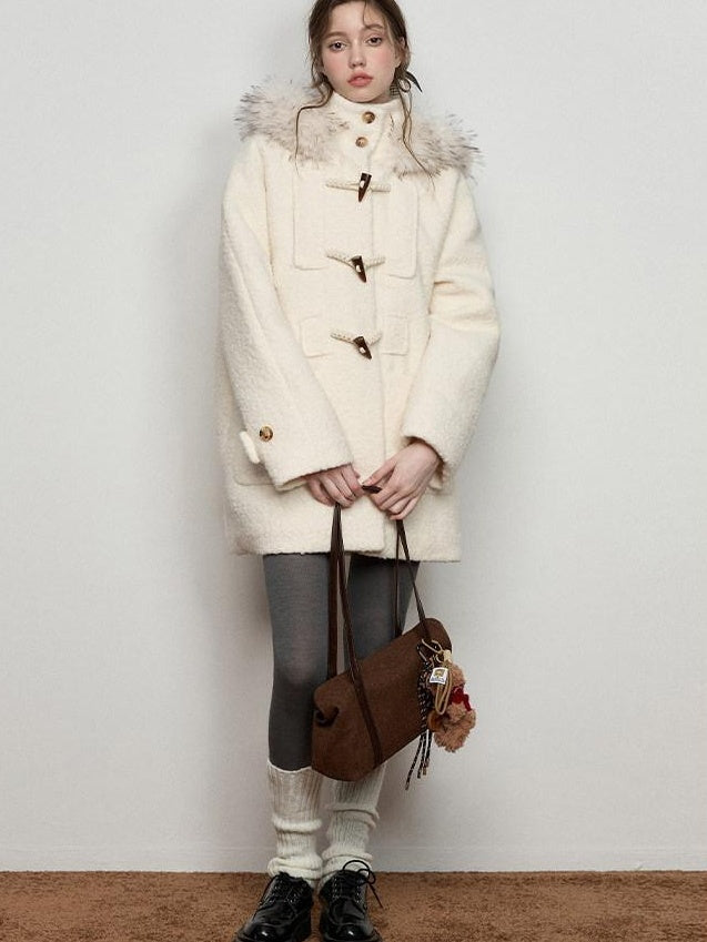 Luamoss Hooded Off White Minimal Commuter Mid Length Loose Fit Polyester Wool Coats