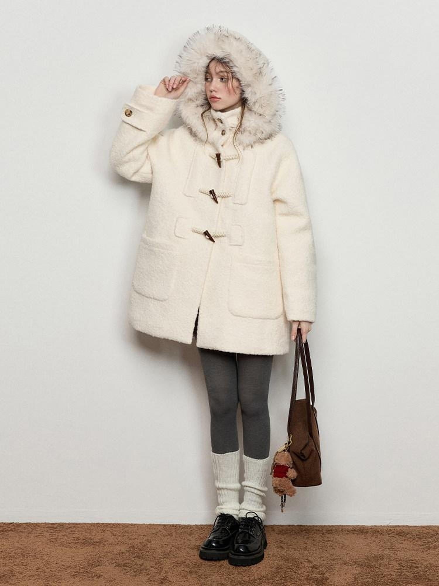 Luamoss Hooded Off White Minimal Commuter Mid Length Loose Fit Polyester Wool Coats