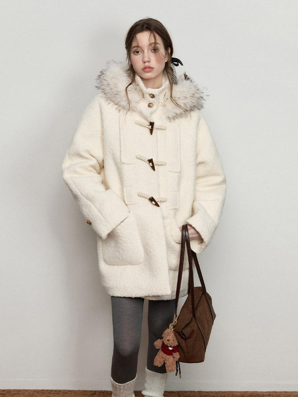 Luamoss Hooded Off White Minimal Commuter Mid Length Loose Fit Polyester Wool Coats