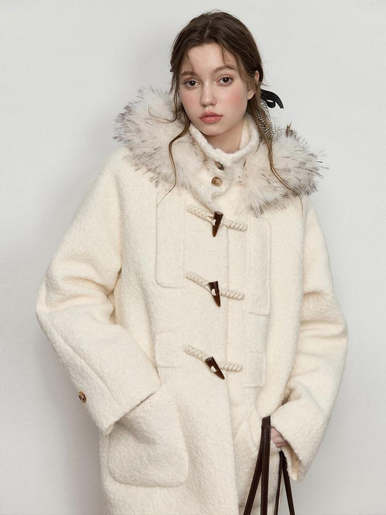 Luamoss Hooded Off White Minimal Commuter Mid Length Loose Fit Polyester Wool Coats