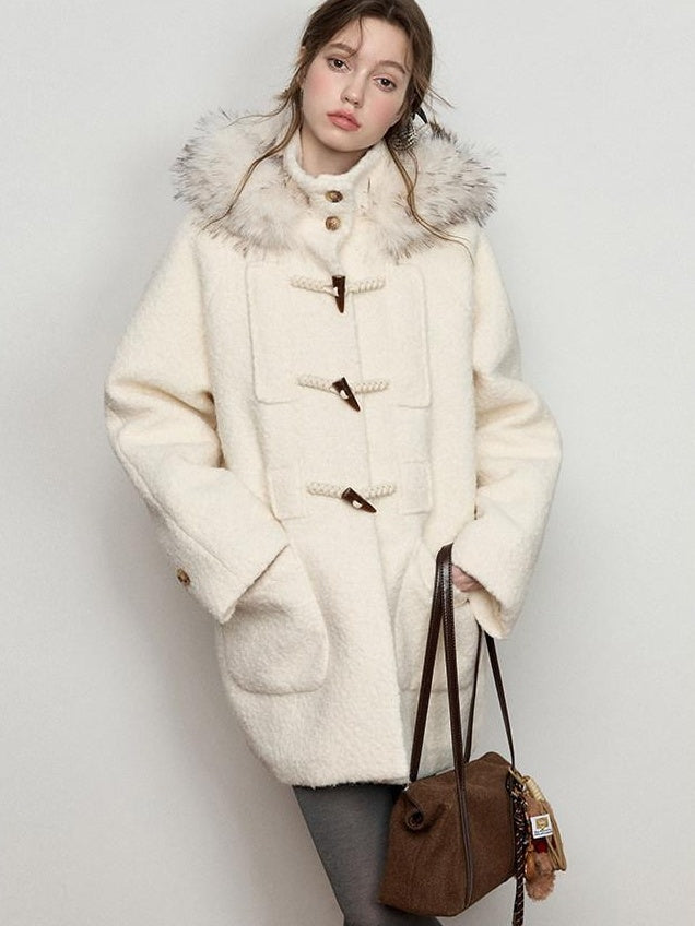 Luamoss Hooded Off White Minimal Commuter Mid Length Loose Fit Polyester Wool Coats