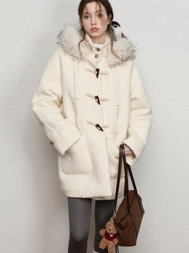 Luamoss Hooded Off White Minimal Commuter Mid Length Loose Fit Polyester Wool Coats
