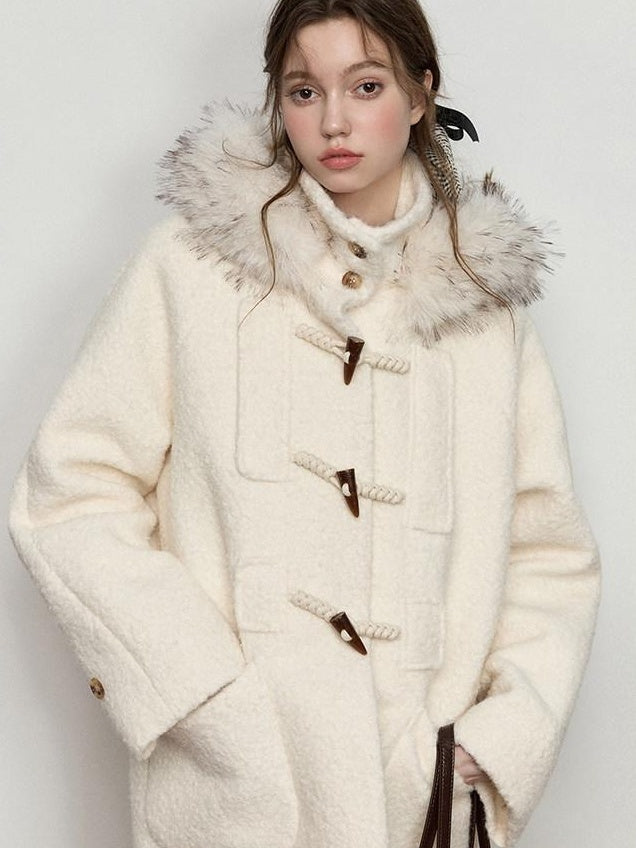 Luamoss Hooded Off White Minimal Commuter Mid Length Loose Fit Polyester Wool Coats