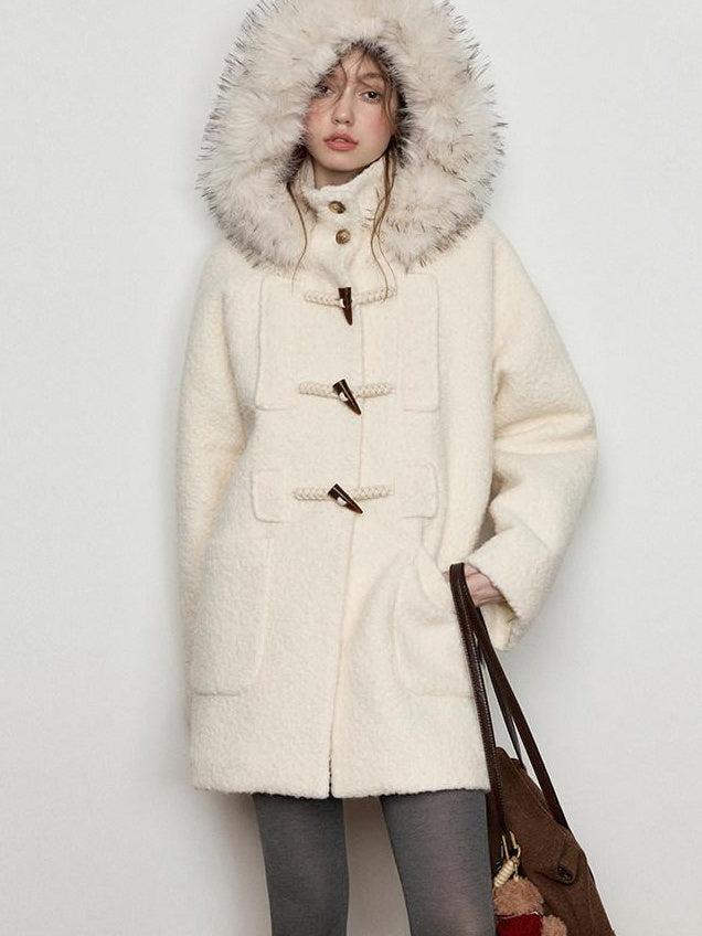 Luamoss Hooded Off White Minimal Commuter Mid Length Loose Fit Polyester Wool Coats