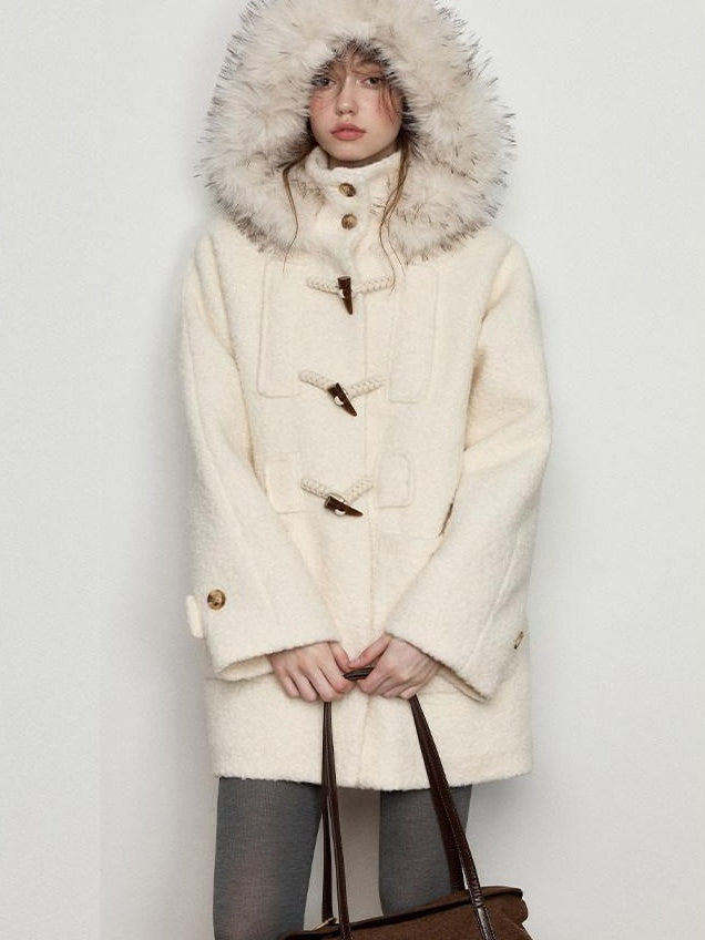 Luamoss Hooded Off White Minimal Commuter Mid Length Loose Fit Polyester Wool Coats