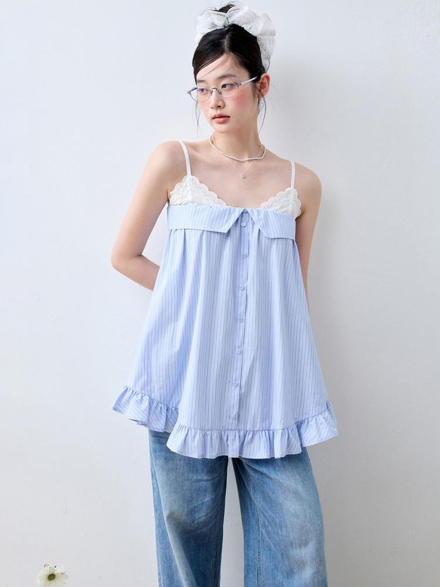 Luamoss Lace Trim Loose Fit Striped Sea Salt Blue Korean Casual Cotton Camisoles