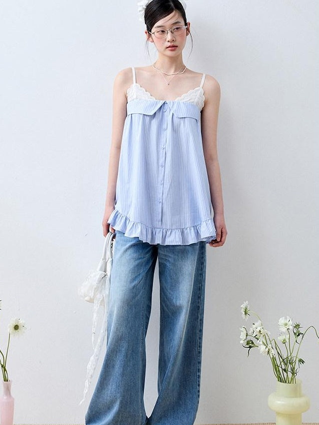 Luamoss Lace Trim Loose Fit Striped Sea Salt Blue Korean Casual Cotton Camisoles