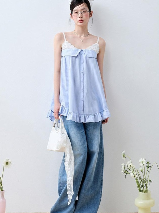Luamoss Lace Trim Loose Fit Striped Sea Salt Blue Korean Casual Cotton Camisoles