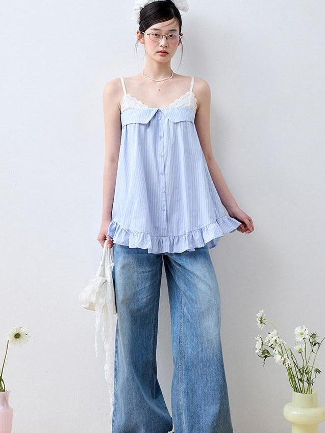 Luamoss Lace Trim Loose Fit Striped Sea Salt Blue Korean Casual Cotton Camisoles