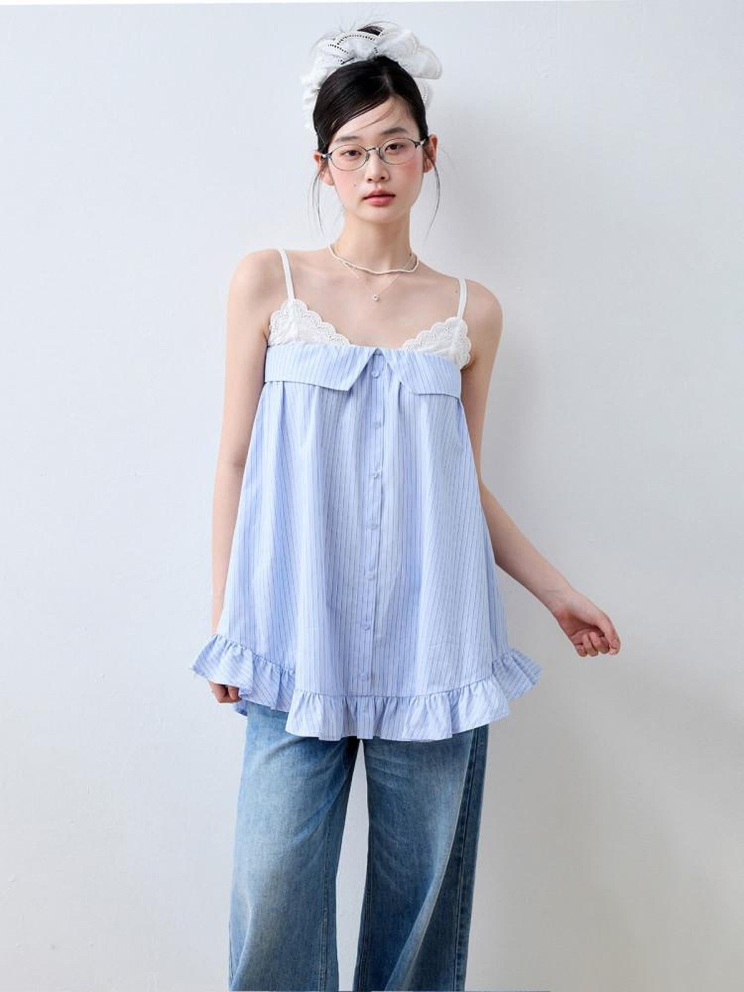 Luamoss Lace Trim Loose Fit Striped Sea Salt Blue Korean Casual Cotton Camisoles