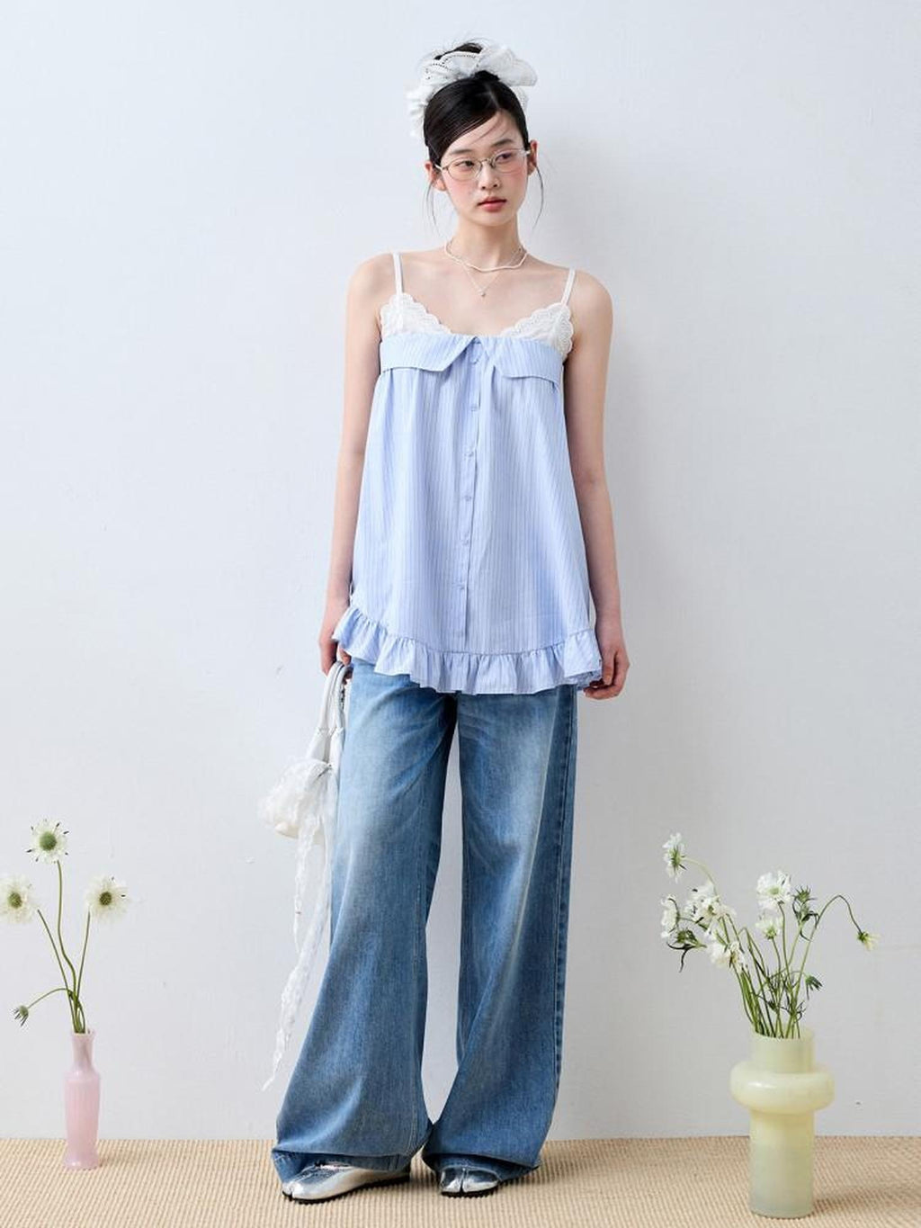 Luamoss Lace Trim Loose Fit Striped Sea Salt Blue Korean Casual Cotton Camisoles