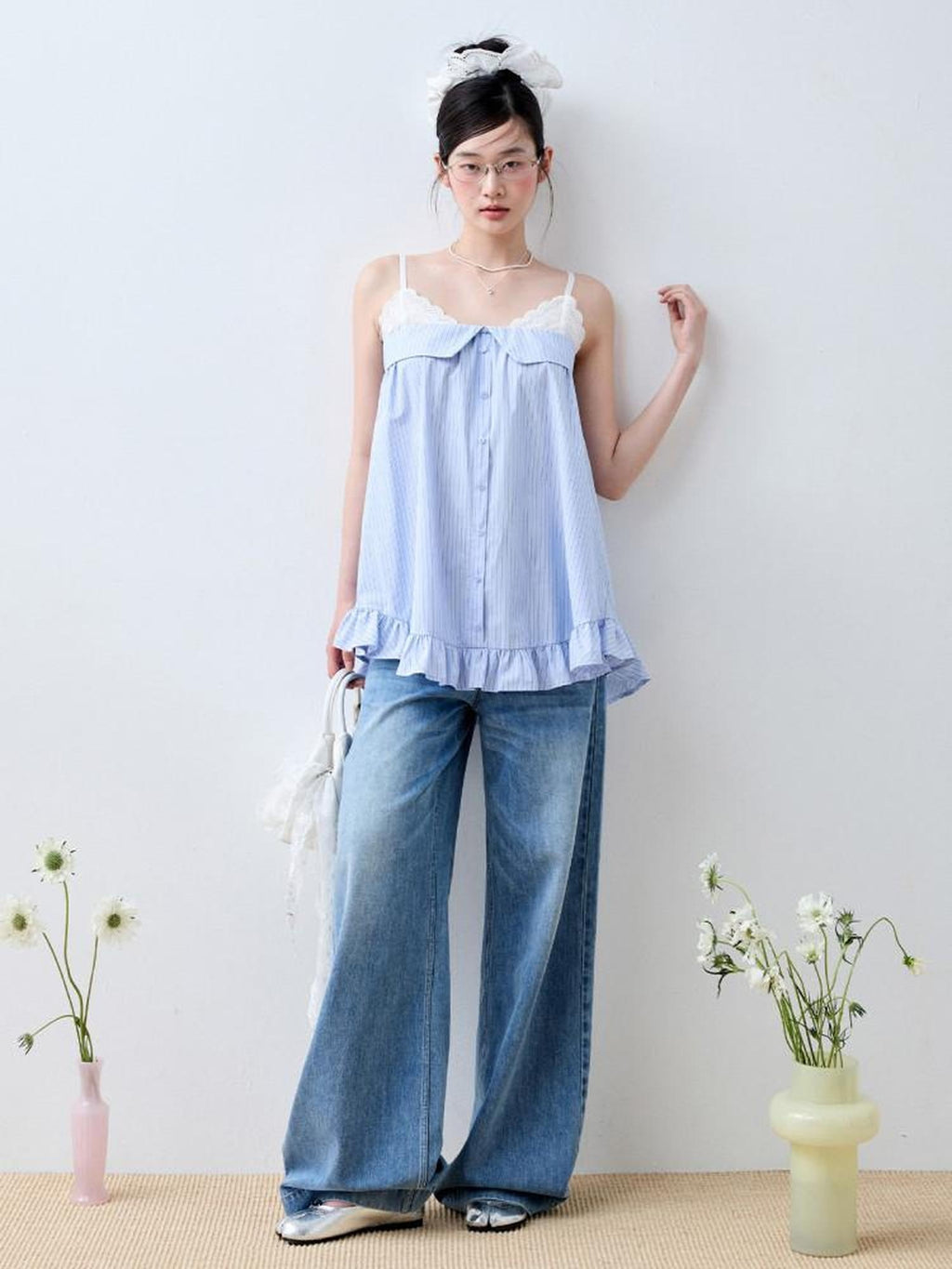 Luamoss Lace Trim Loose Fit Striped Sea Salt Blue Korean Casual Cotton Camisoles