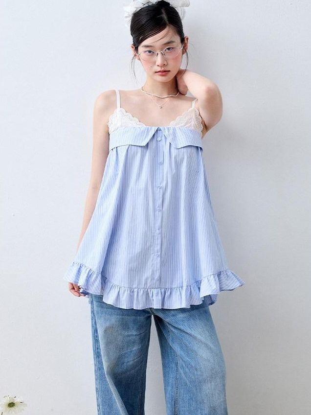 Luamoss Lace Trim Loose Fit Striped Sea Salt Blue Korean Casual Cotton Camisoles