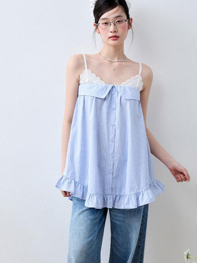 Luamoss Lace Trim Loose Fit Striped Sea Salt Blue Korean Casual Cotton Camisoles
