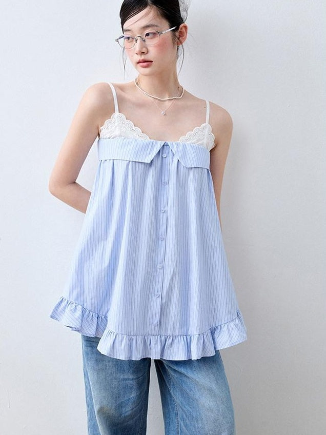 Luamoss Lace Trim Loose Fit Striped Sea Salt Blue Korean Casual Cotton Camisoles