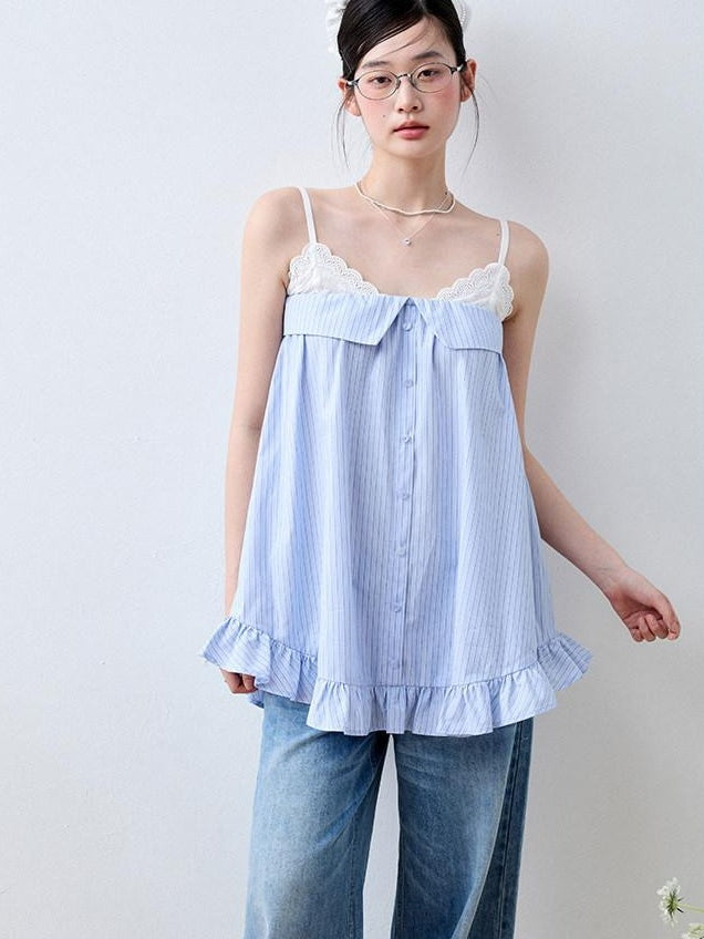 Luamoss Lace Trim Loose Fit Striped Sea Salt Blue Korean Casual Cotton Camisoles
