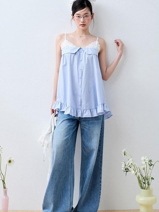 Luamoss Lace Trim Loose Fit Striped Sea Salt Blue Korean Casual Cotton Camisoles