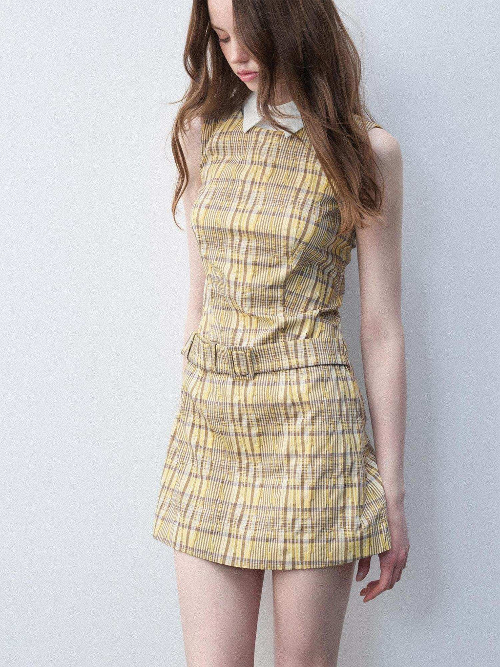 Luamoss Lemon Yellow Cotton Blend Casual Fitted A Line Doll Collar Zip Mini Dresses