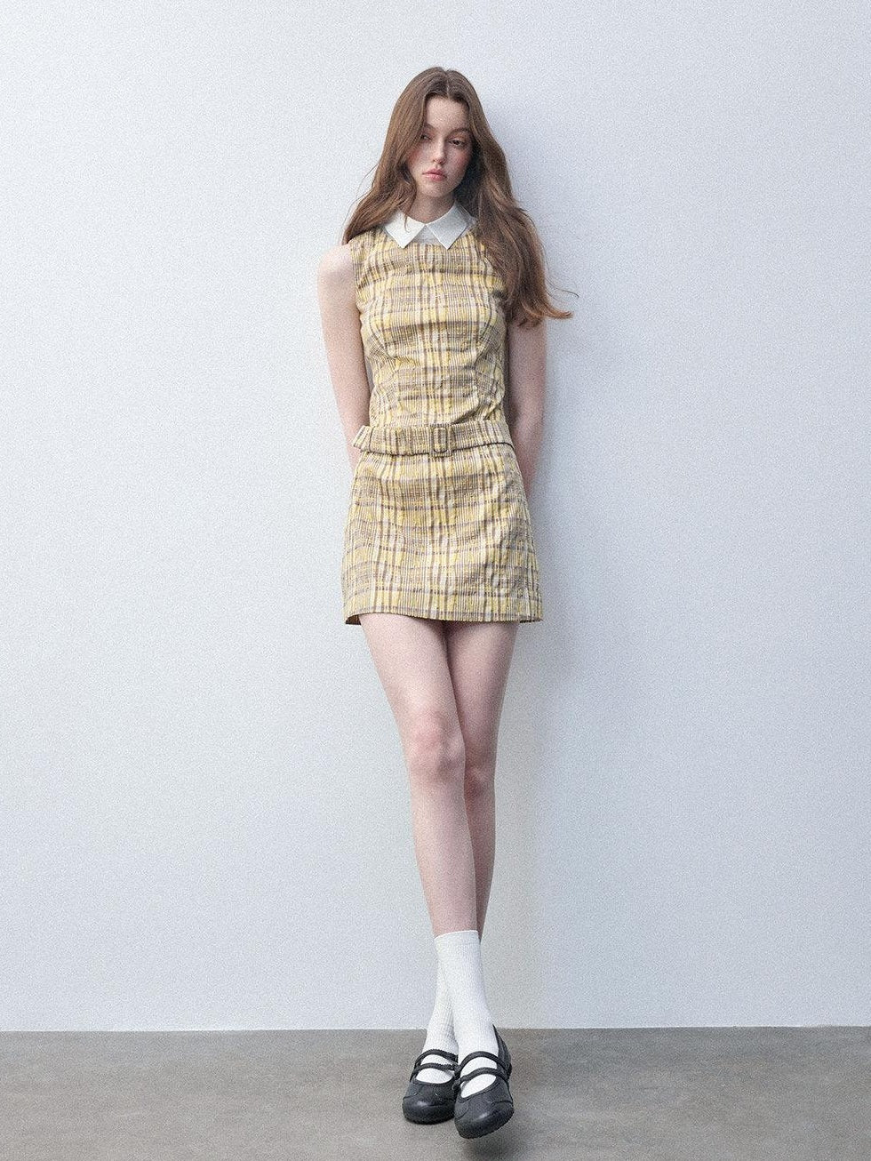 Luamoss Lemon Yellow Cotton Blend Casual Fitted A Line Doll Collar Zip Mini Dresses