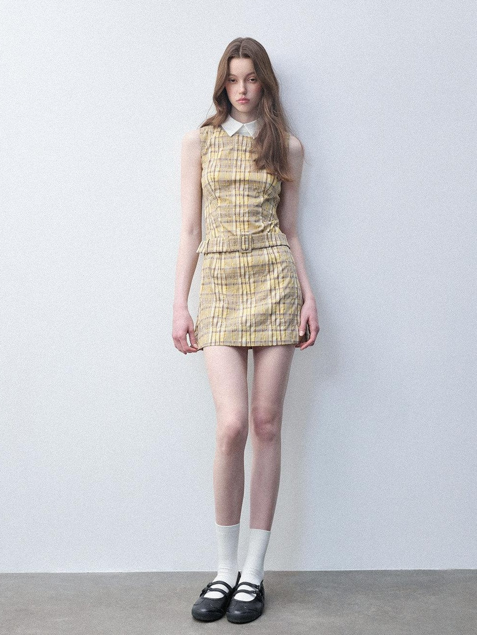 Luamoss Lemon Yellow Cotton Blend Casual Fitted A Line Doll Collar Zip Mini Dresses