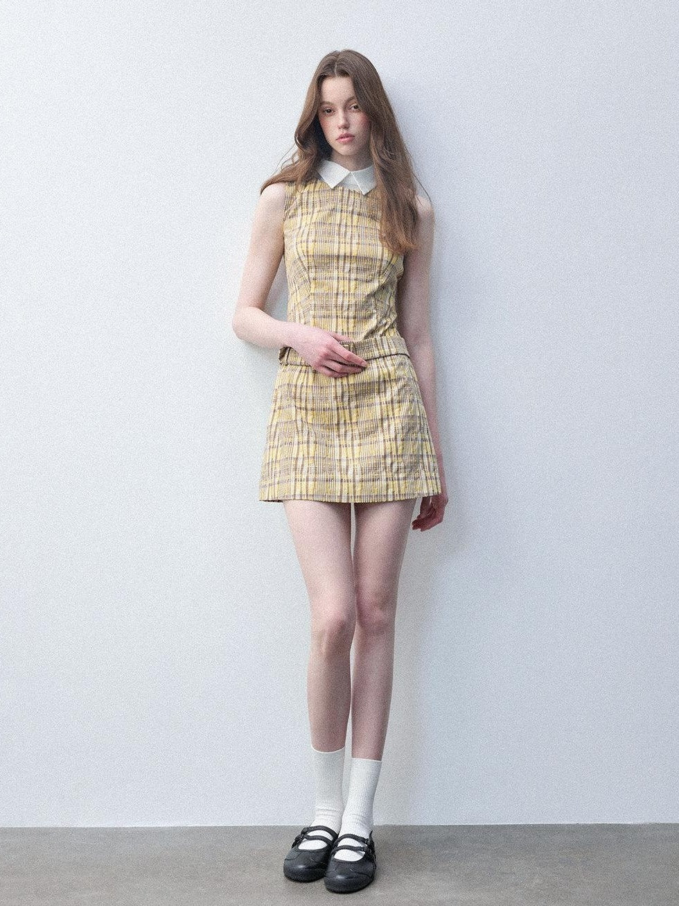 Luamoss Lemon Yellow Cotton Blend Casual Fitted A Line Doll Collar Zip Mini Dresses