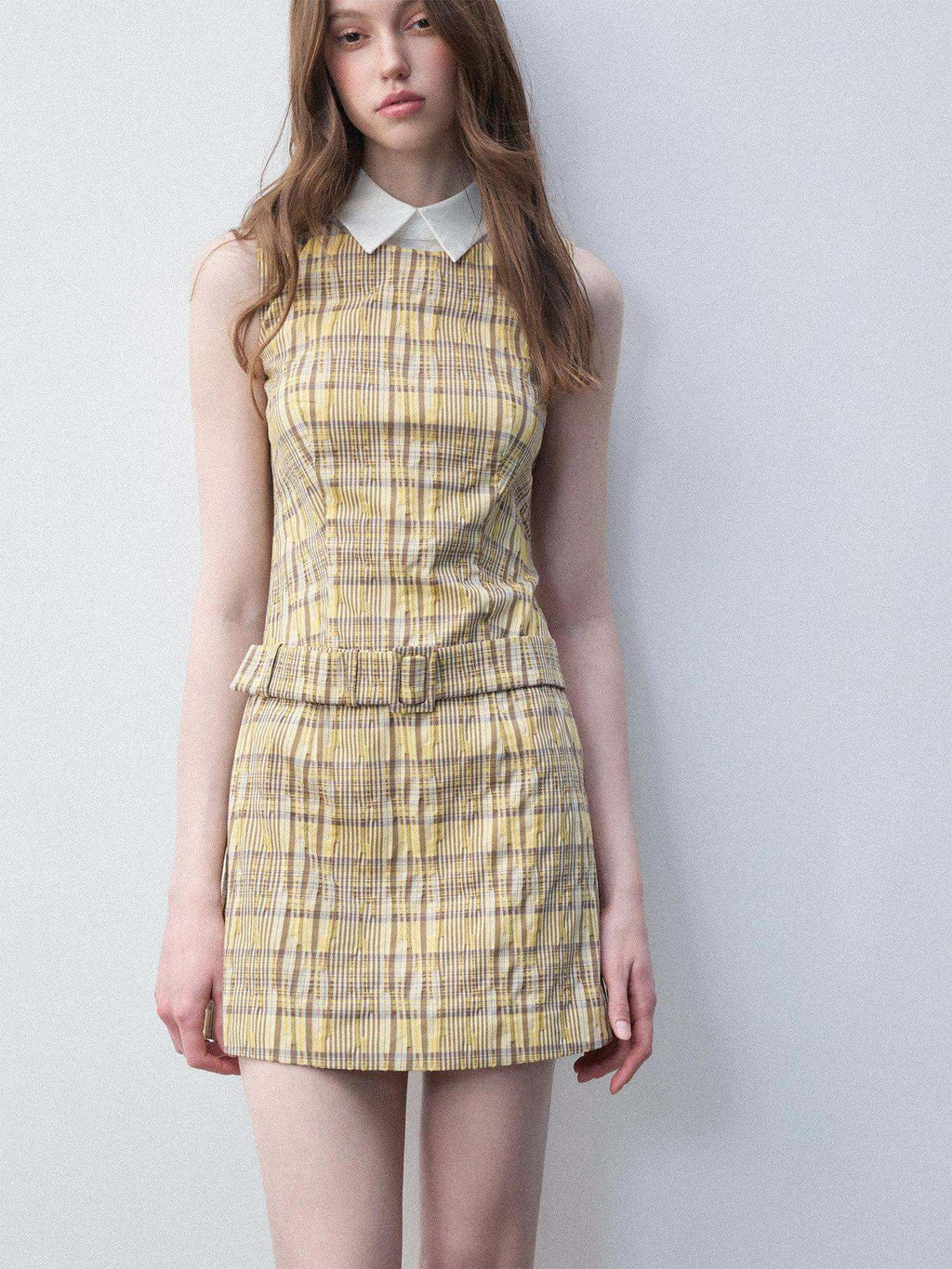 Luamoss Lemon Yellow Cotton Blend Casual Fitted A Line Doll Collar Zip Mini Dresses