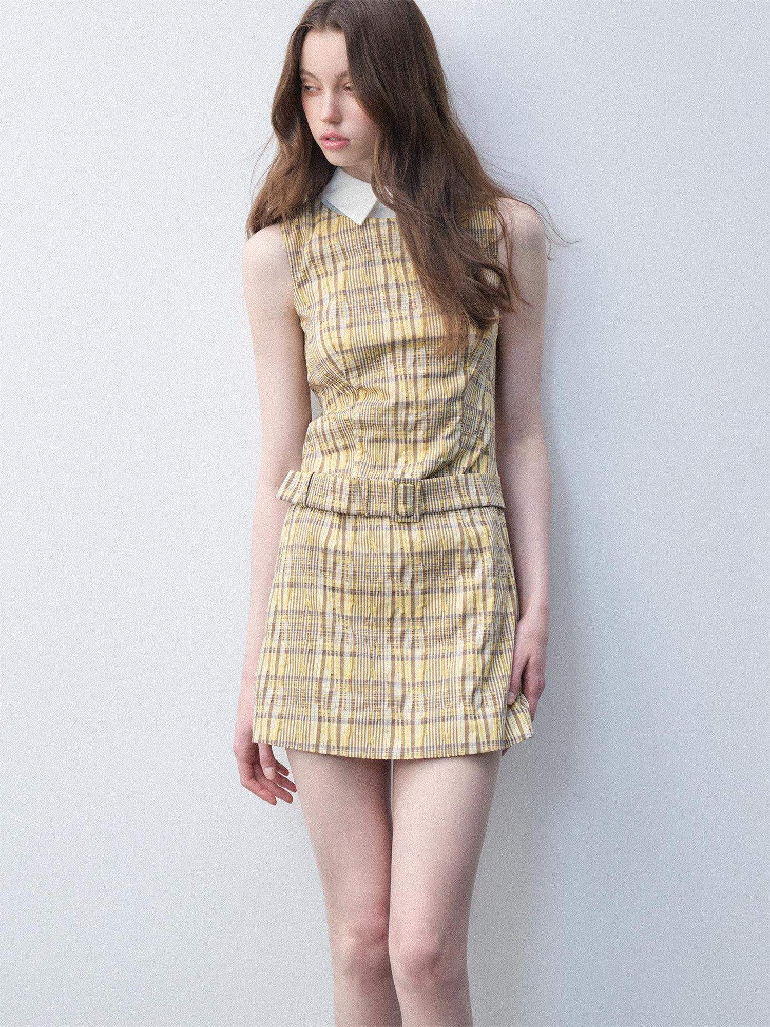 Luamoss Lemon Yellow Cotton Blend Casual Fitted A Line Doll Collar Zip Mini Dresses