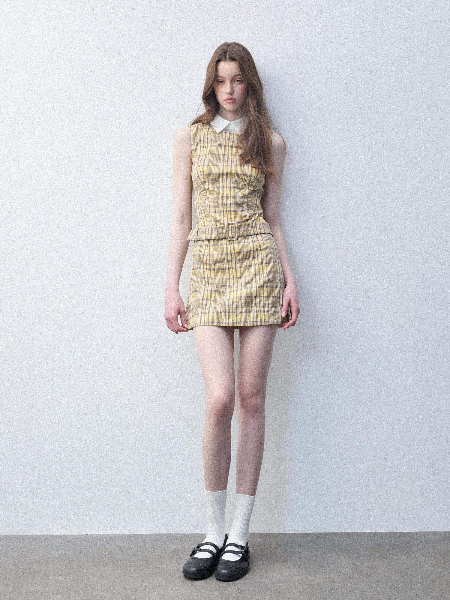 Luamoss Lemon Yellow Cotton Blend Casual Fitted A Line Doll Collar Zip Mini Dresses