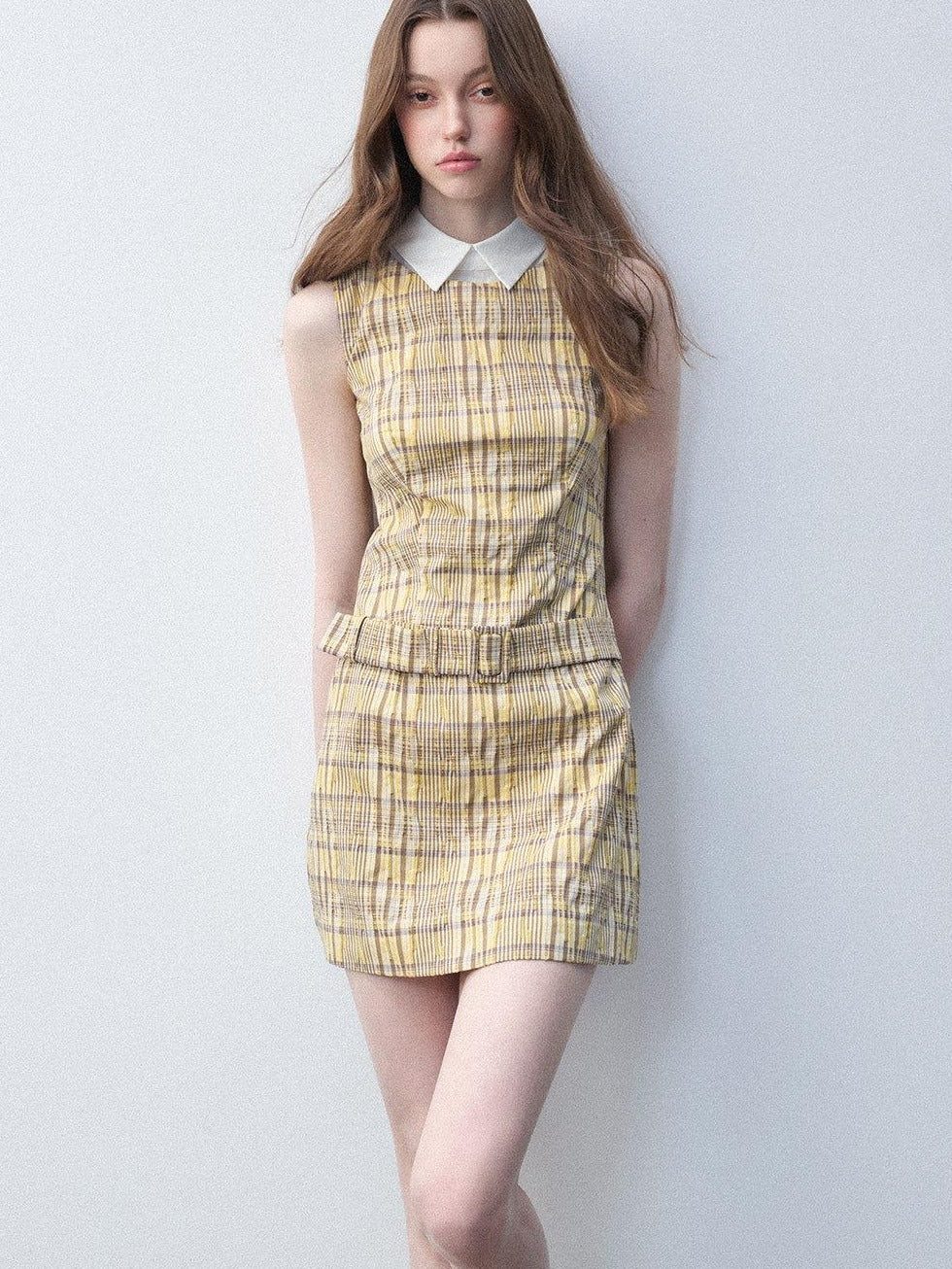 Luamoss Lemon Yellow Cotton Blend Casual Fitted A Line Doll Collar Zip Mini Dresses
