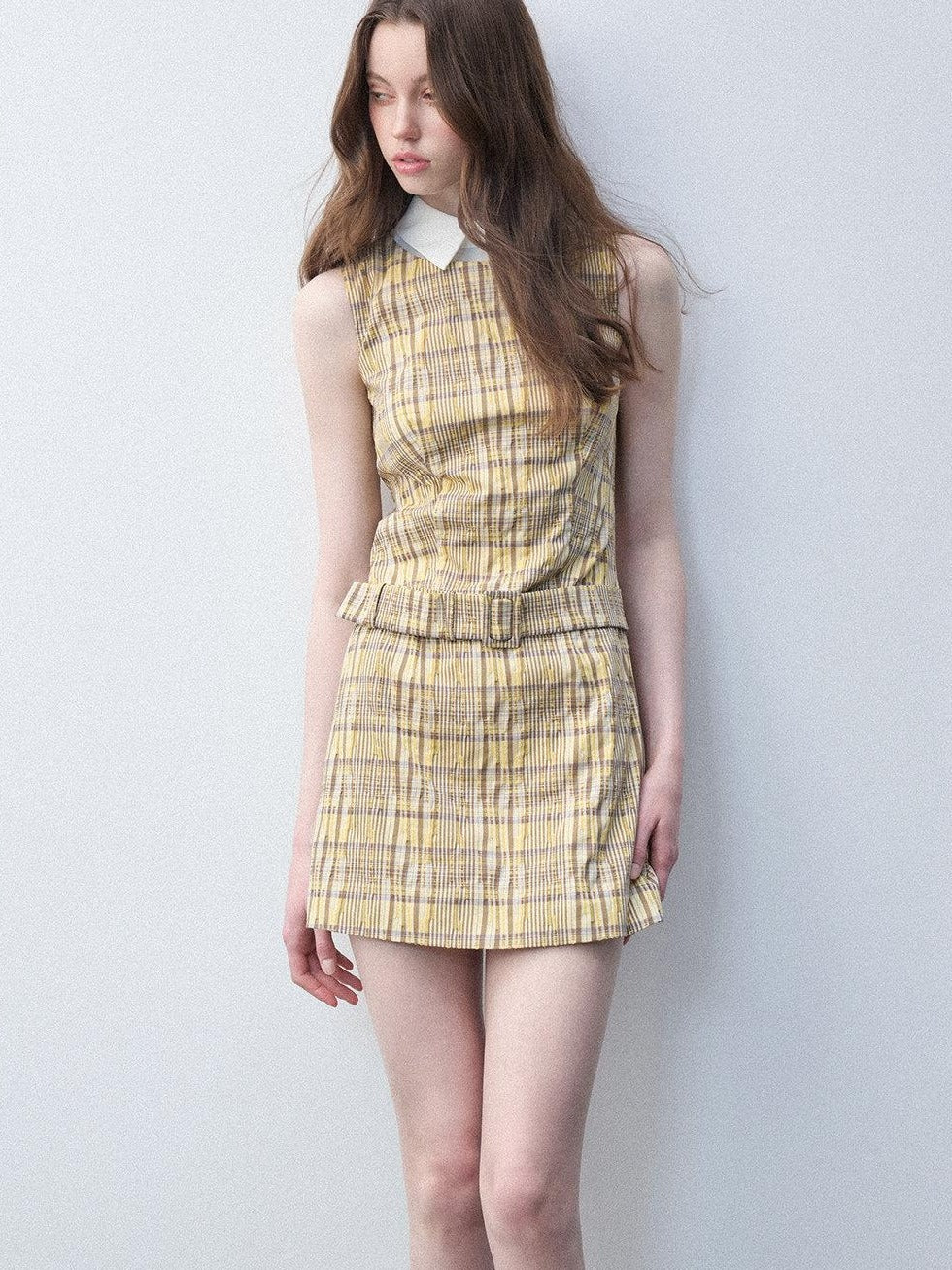 Luamoss Lemon Yellow Cotton Blend Casual Fitted A Line Doll Collar Zip Mini Dresses