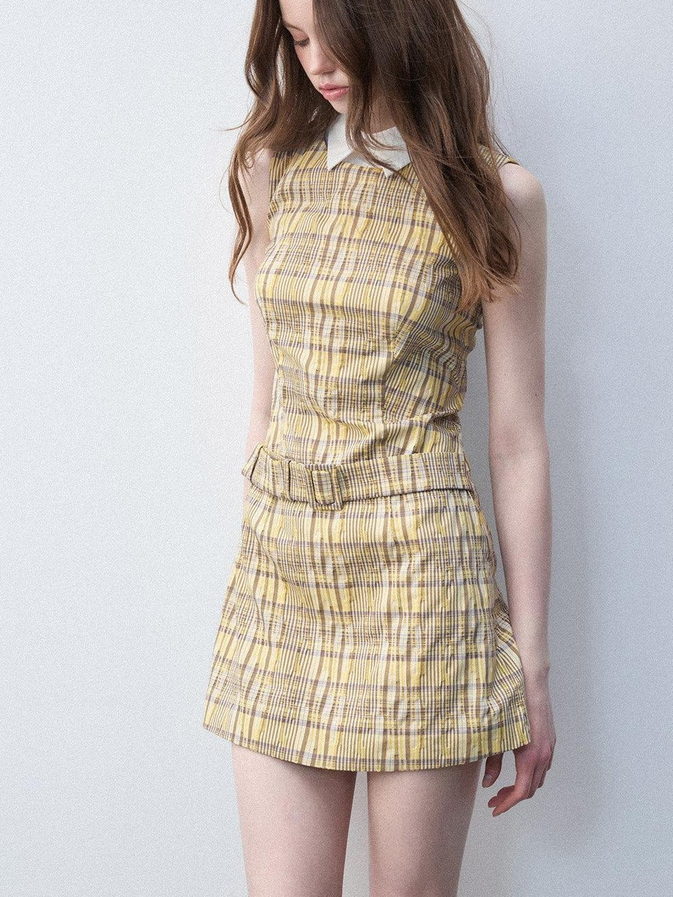 Luamoss Lemon Yellow Cotton Blend Casual Fitted A Line Doll Collar Zip Mini Dresses