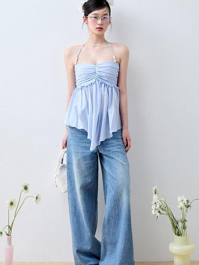Luamoss Lightweight Casual Zip Fly Natural Waist Loose Fit Iceland Blue Wide Leg Jeans