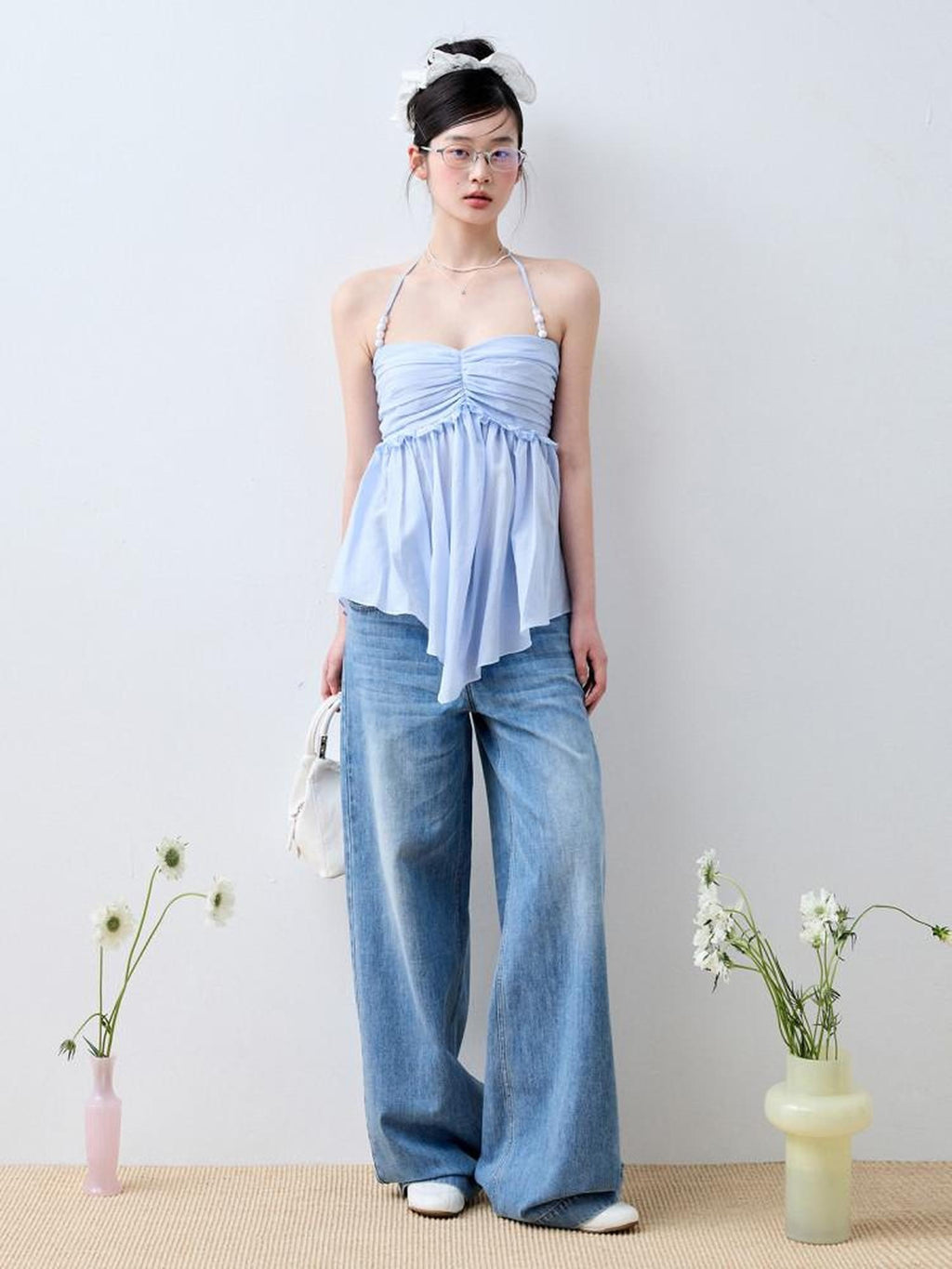 Luamoss Lightweight Casual Zip Fly Natural Waist Loose Fit Iceland Blue Wide Leg Jeans