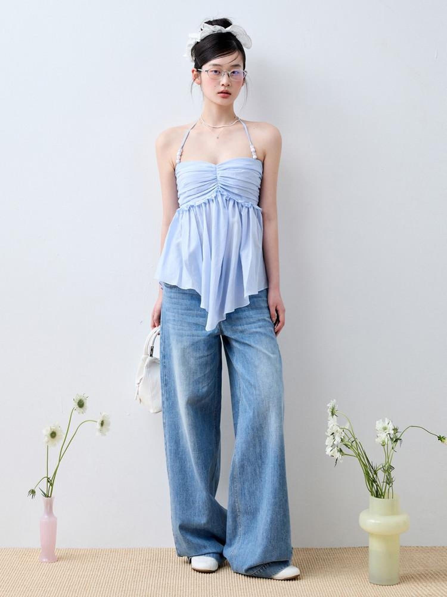 Luamoss Lightweight Casual Zip Fly Natural Waist Loose Fit Iceland Blue Wide Leg Jeans