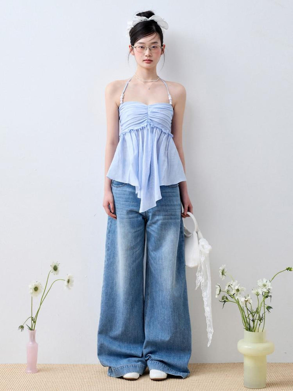 Luamoss Lightweight Casual Zip Fly Natural Waist Loose Fit Iceland Blue Wide Leg Jeans